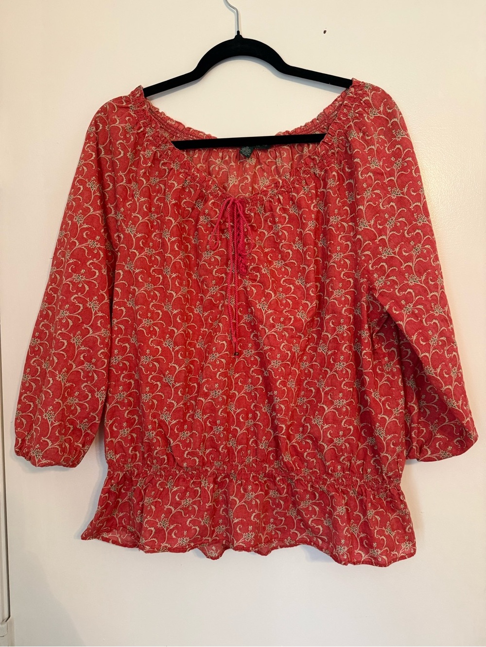 Ralph Lauren Red Floral Tie-Neck Peasant Blouse